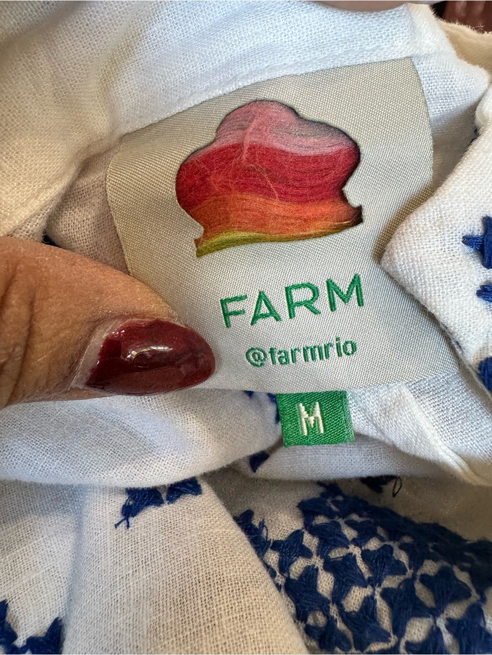 FARM Rio White Blue Cross Stitch Embroidered Midi Dress Band Collar Belt M - Picture 8 of 8